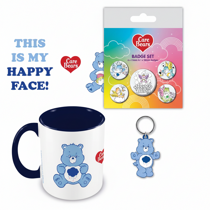 Care Bears Grumpy Bear Happy Face Mug, Keychain & Badge Bundle