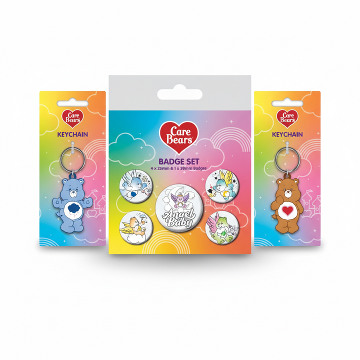 Care Bears Grumpy & Tenderheart Keychain + Angel Baby Badge Bundle
