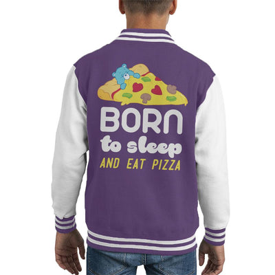 Care Bears Bedtime Bear Born To Sleep And Eat Pizza White Text Kid's Varsity Jacket